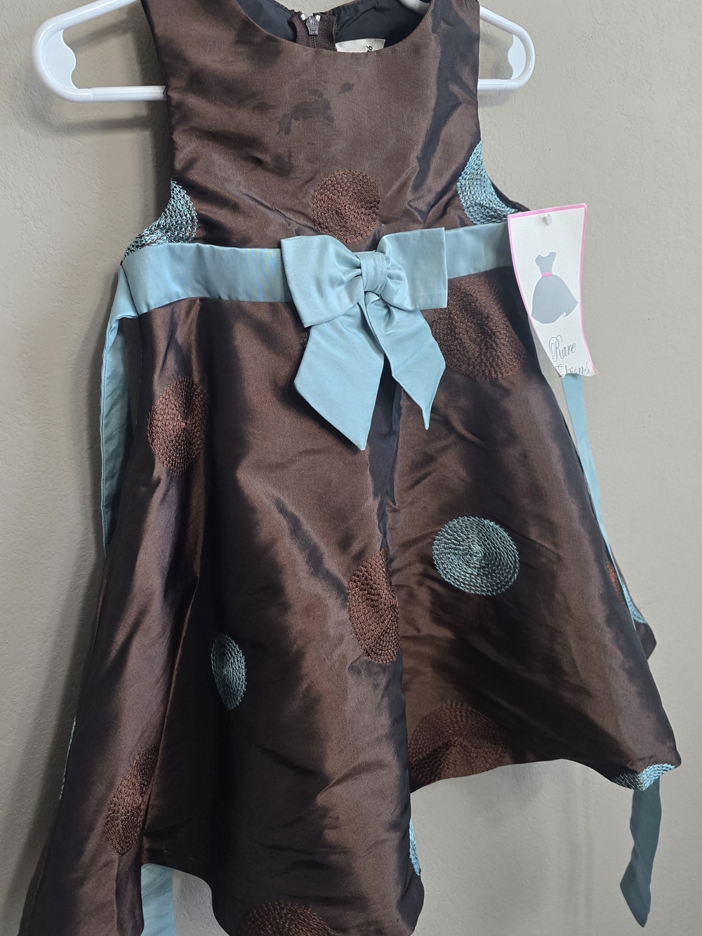 Rene Caovilla Brown Satin Dress with Aqua Embroidered Accents